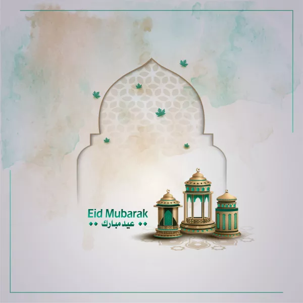 Islamic Greetings Eid Mubarak Card Design With Beautiful Lanterns Line Mosque