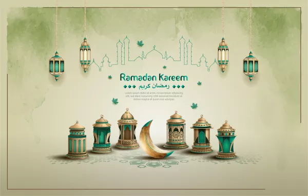 Islamic Greetings Ramadan Kareem Card Design With Beautiful Crescent Moon Mosque Line Lanterns