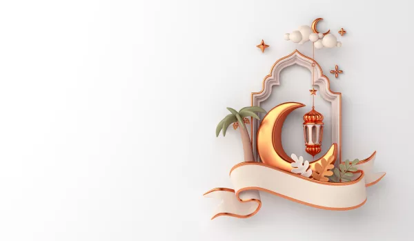 Islamic Decoration Background With Mosque Window Waving Ribbon Lantern Crescent
