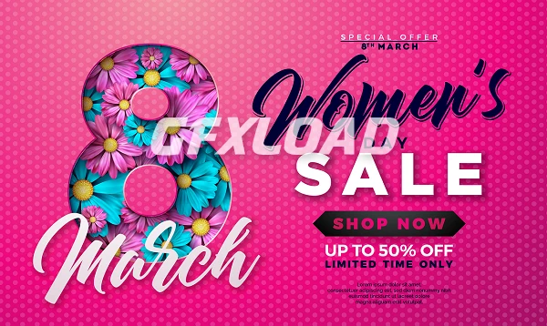 Womens Day Sale Design With Beautiful Colorful Flower On Pink Background