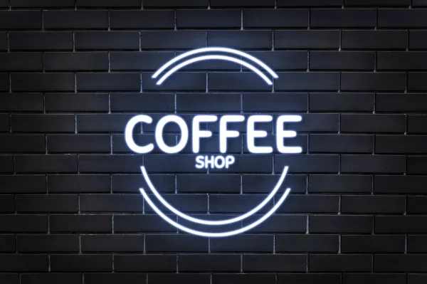 Neon Emboss Logo Mockup Psd Coffee Shop Dark Brick Wall Background