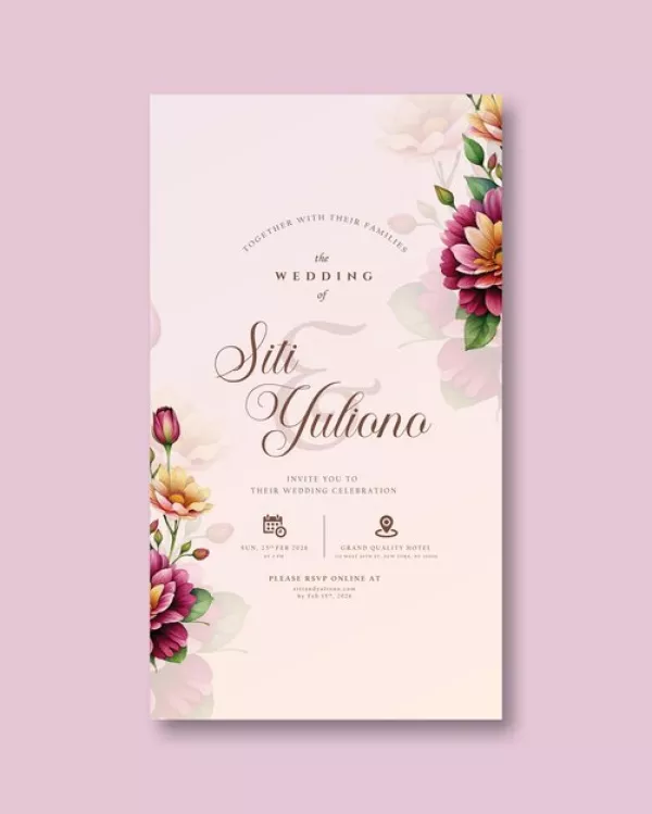 Digital Wedding Invitation with Red Bouquet Flower Watercolor