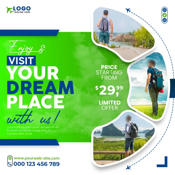 Travel Tour Social Media Post and Holiday Vacation Square Flyer Web Banner Design Template