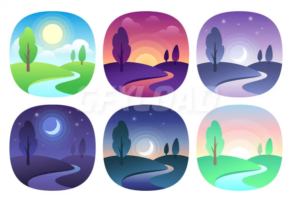Modern Beautiful Landscape With Gradients Sunrise Dawn Morning Day Noon Sunset Dusk Night Icon 