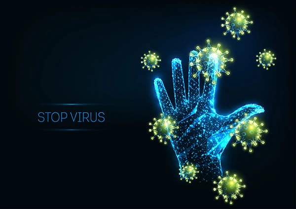 Futuristic Stop Covid With Glowing Polygonal Coronavirus Cells Raised Up Human Hand