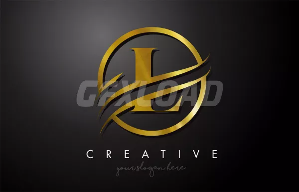L Golden Letter Logo Design With Circle Swoosh And Gold Metal Texture