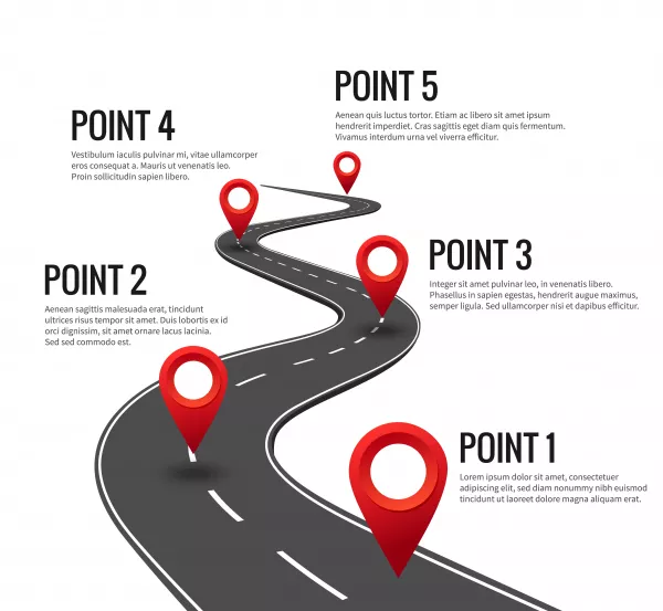 Road Infographic Curved Road Timeline With Red Pins Checkpoint Strategy Journey Highway With Milestones Concept
