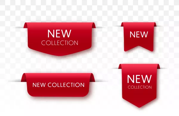 New Collection Sale Tags 3D Labels Badges Red Scroll Ribbons Vector Banners